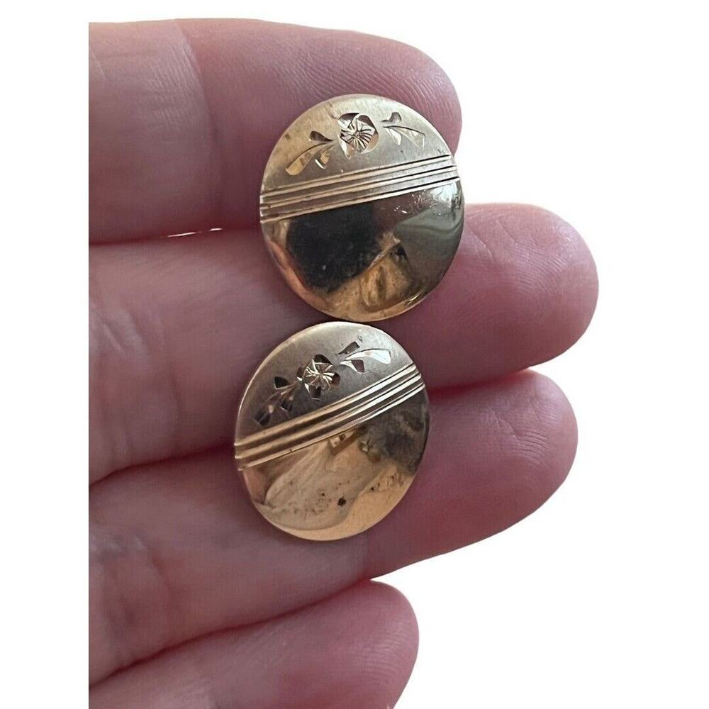 Vintage Gold Tone Floral Etched Round Cufflinks